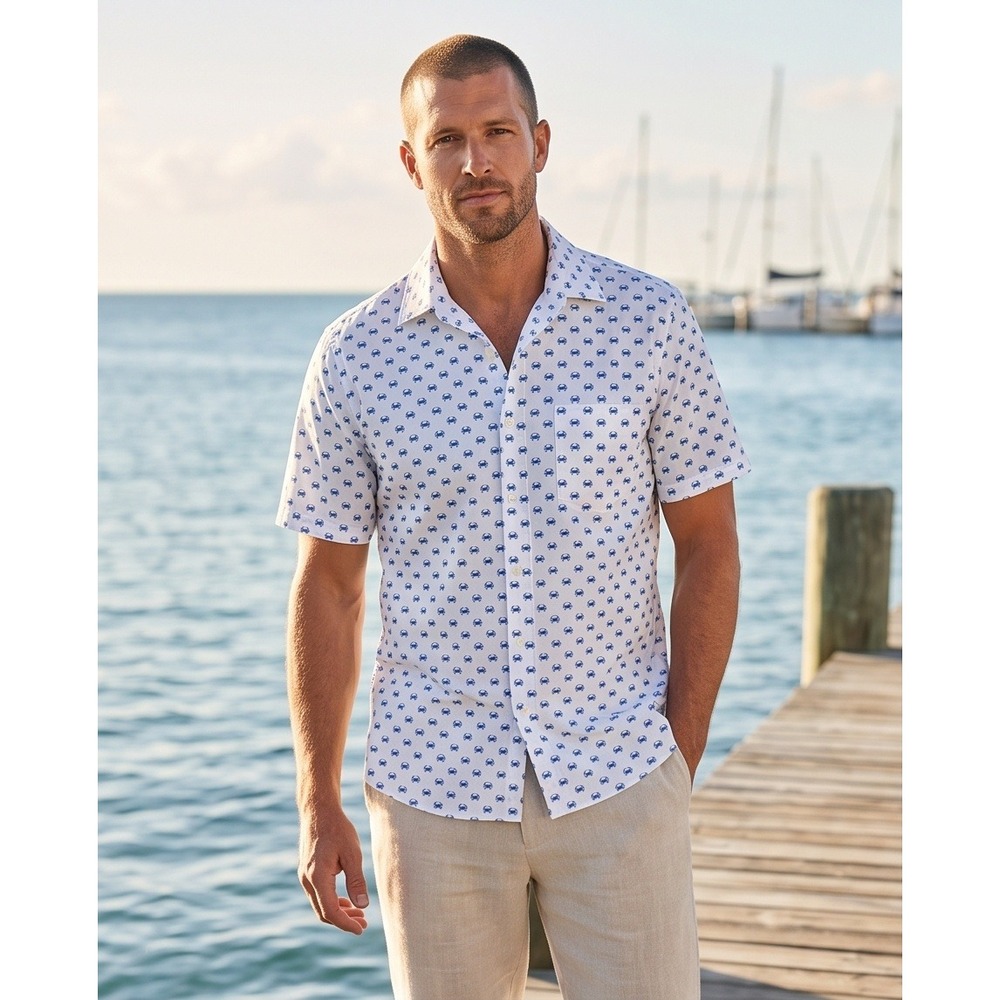 Peter Millar Mens XL Blue All Over Crab Print Short Sleeve Button Down Shirt